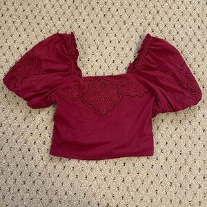 Women’s Red Puffy Sleeve Embroidered Crop Top